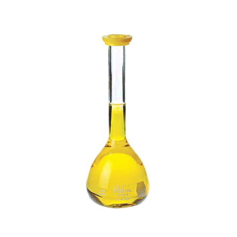 28010-50Matraz aforado de clase B   de 50 ml con tapón a presión amarillo de PE, calibrado para contener